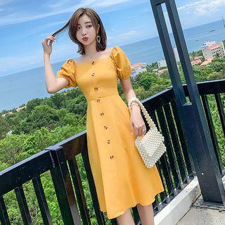 Buttoned Puff-sleeve A-line Dress