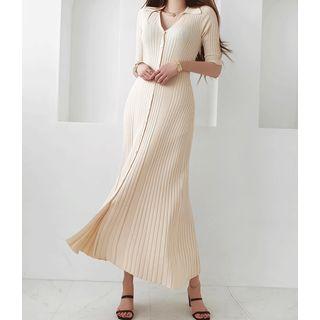 Short-sleeve Button-front Ribbed Dress