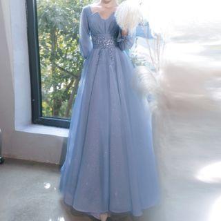 Bell-sleeve Embellished A-line Evening Gown