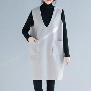 Set: Turtleneck Long-sleeve Knit Top + V-neck Knitted Pinafore Dress