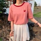 Strawberry Embroidered Color-block Loose-fit Short-sleeve T-shirt