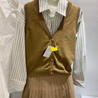 Single-breasted Sweater Vest / Striped Shirt / Mini A-line Skirt