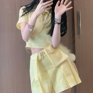 Set: Short-sleeve Collar Cropped T-shirt + Mini Pleated Skirt