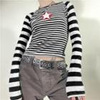 Long Sleeve Star Embroidered Striped Crop T-shirt