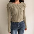 Wide-collar Ribbed Knit Crop Top