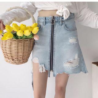 Ripped Zip Front A-line Skirt