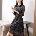 Long-sleeve Collared Floral Print Chiffon A-line Dress