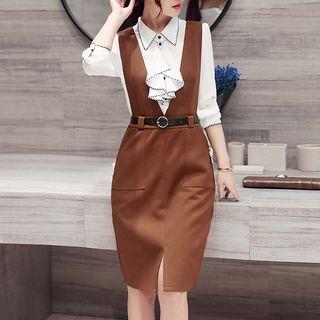 Set: Ruffle Blouse + V-neck Pinafore Dress
