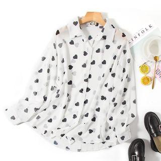 Long-sleeve Heart Patterned Chiffon Shirt White - One Size