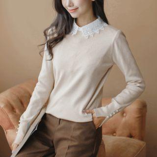 Faux-pearl Trim Slit-cuff Knit Top