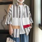 3/4-sleeve Striped Color Block Shirt