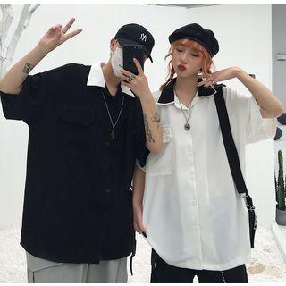 Couple Matching Pocket Detail Color Block Elbow-sleeve Shirt