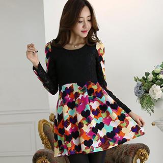 Long-sleeve Printed Panel Dress