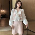 Bow Accent Puff-sleeve Blouse / Tweed Vest / High-waist A-line Skirt