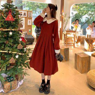 Fluffy Collar Midi A-line Dress