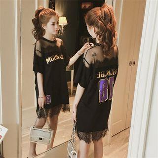 Lettering Elbow-sleeve Lace Panel T-shirt Dress