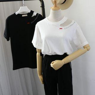 Short-sleeve Embroidered Cut Out T-shirt