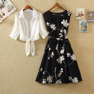 Set: Elbow-sleeve Shirt + Sleeveless Floral Print Midi A-line Dress
