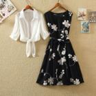 Set: Elbow-sleeve Shirt + Sleeveless Floral Print Midi A-line Dress