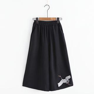 Crane Embroidered Wide Leg Pants Black - One Size
