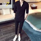 Set: 3/4-sleeve Chinese Knot Button Shirt + Slim Fit Pants