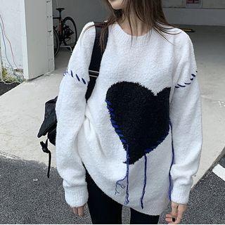 Heart Jacquard Contrast Stitch Sweater White - One Size