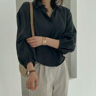 Balloon-sleeve Linen Blouse White - One Size