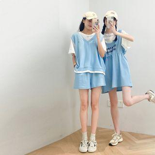 Mock Two-piece Printed Letter Oversized Mini Dress / Mock Two-piece Top With High-waist Shorts