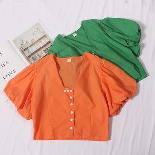Irregular Buttoned Short-sleeve Cropped Blouse