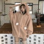 Faux Shearling Rabbit Ear Accent Zip Hooded Jacket Camel - One Size