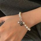 Heart Rhinestone Pendant Sterling Silver Bracelet Sl0519 - Black Rhinestone & Faux Pearl - White - One Size