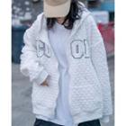 Lettering Embroidered Textured Hooded Zip Jacket