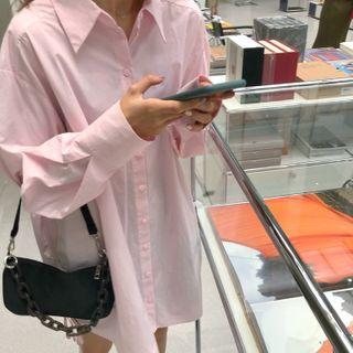 Long-sleeve Plain Drawstring Shirt Pink - One Size