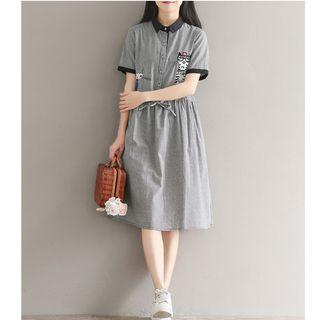 Set: Short-sleeve Cat Embroidered Midi A-line Dress + Undershorts