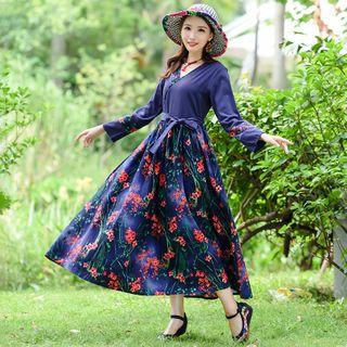 Long-sleeve Floral Print Panel Midi A-line Dress