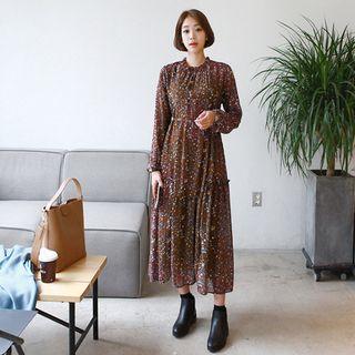 Floral Print A-line Chiffon Dress Red Brown - One Size