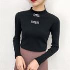 Mock Neck Letter Embroidered Long-sleeve Knit Top