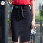 Bow-accent Slit-front Pencil-cut Skirt