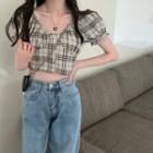 Off-shoulder Plaid Cropped Blouse / High Waist Straight Leg Jeans