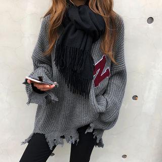 V-neck Letter Distressed Sweater