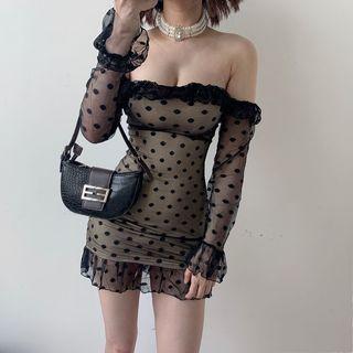 Dotted Off-shoulder Long-sleeve Mini Sheath Dress