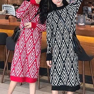 Long-sleeve Pattern Knit Midi Dress
