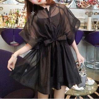 Set: Elbow-sleeve Mini Mesh Dress + Spaghetti Strap Mini Dress