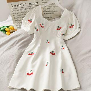 Cherry-embroidered V-neck Mini Dress