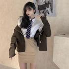 Color-block Blazer / Plaid Long-sleeve Shirt / Striped Tie / High Waist Skirt