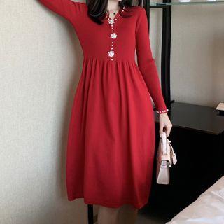 Long-sleeve Beaded Trim Knit Midi Dress