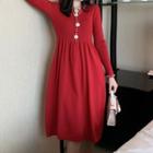 Long-sleeve Beaded Trim Knit Midi Dress