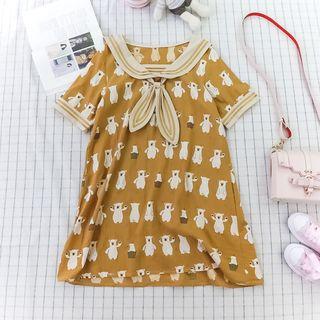 Bear Print Short Sleeve Sailor Collar Dress