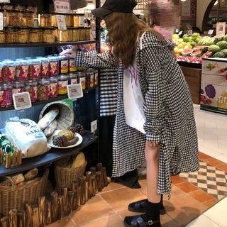 Plaid Buttoned Hooded Long Coat Plaid - Black & White - One Size
