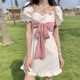 Short-sleeve Bow Frill Trim Mini A-line Dress